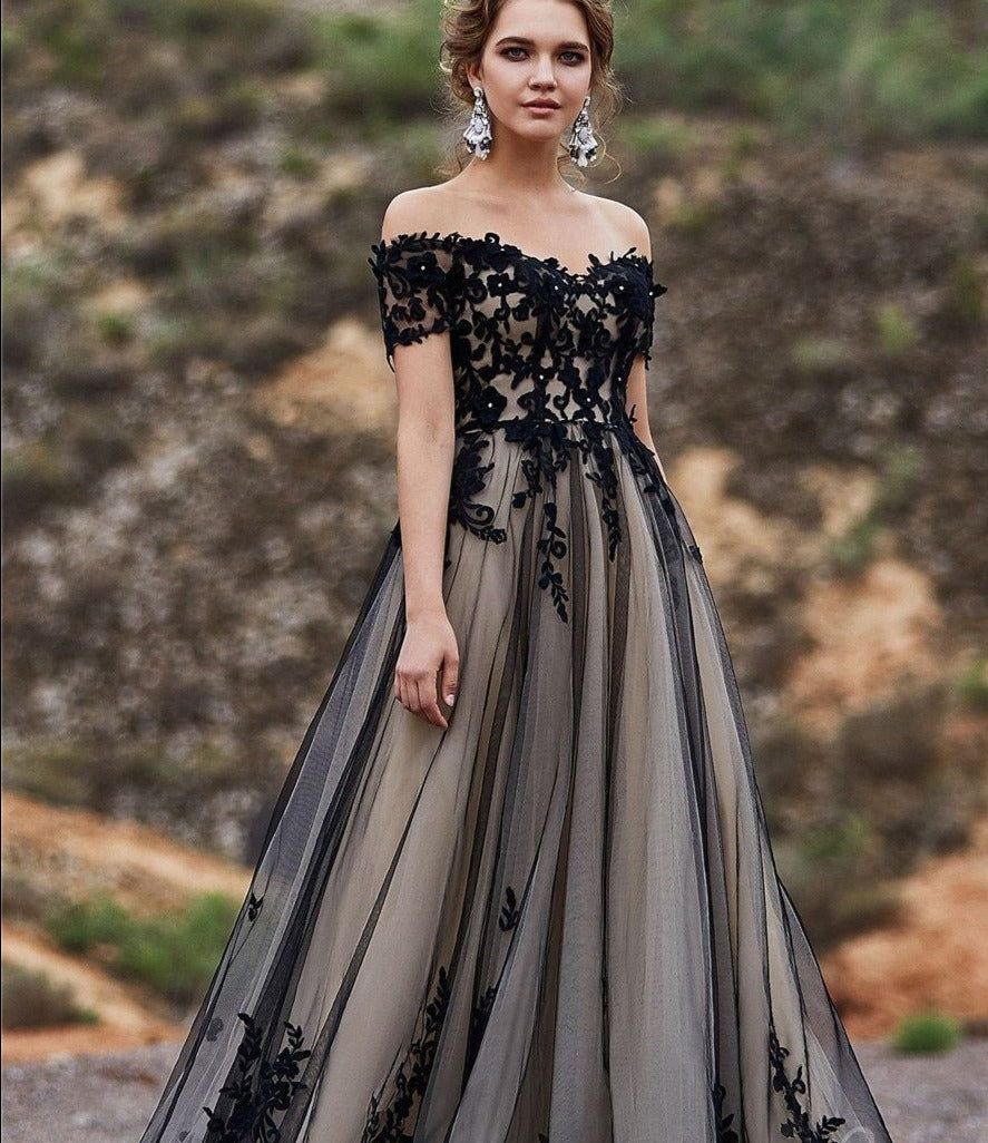 Off Shoulder Lace Applique Crystals Sexy Wedding Dress Black Wedding Dresses BlissGown 