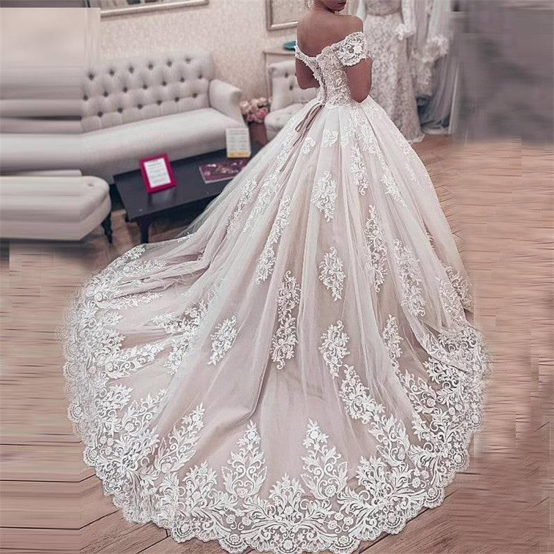 Off-Shoulder Lace Backless Ball Gown Princess Wedding Dress Classic Wedding Dresses BlissGown 