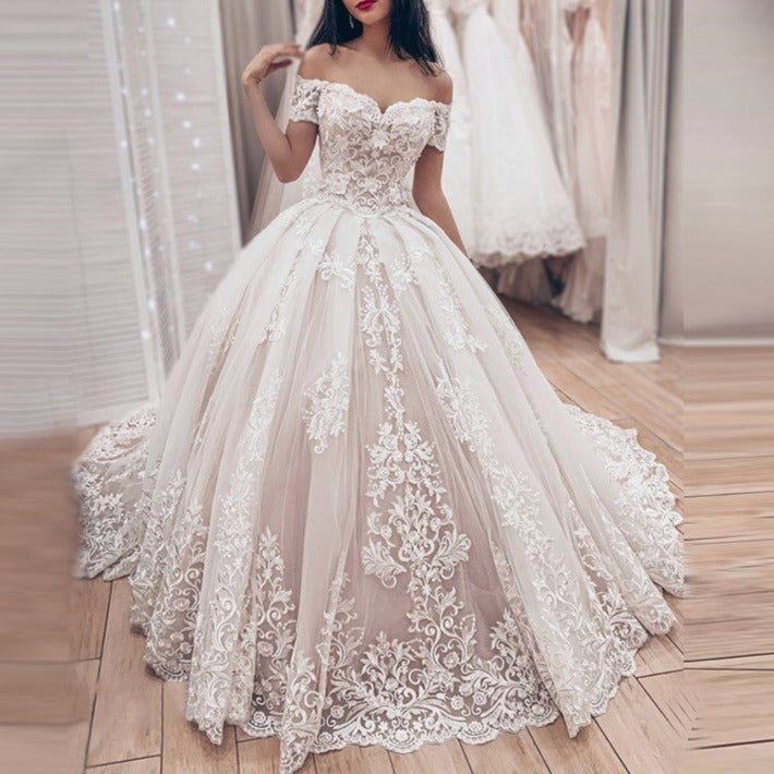 Off-Shoulder Lace Backless Ball Gown Princess Wedding Dress Classic Wedding Dresses BlissGown 