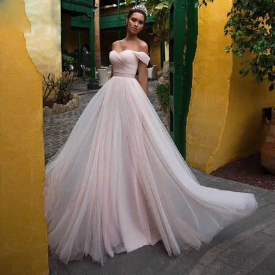 Off Shoulder Pink Tulle Lace Up Floor Length Wedding Dress Sexy Wedding Dresses BlissGown 