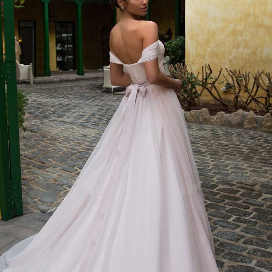 Off Shoulder Pink Tulle with Sleeves Lace Up Floor Length Wedding Dress Sexy Wedding Dresses BlissGown 