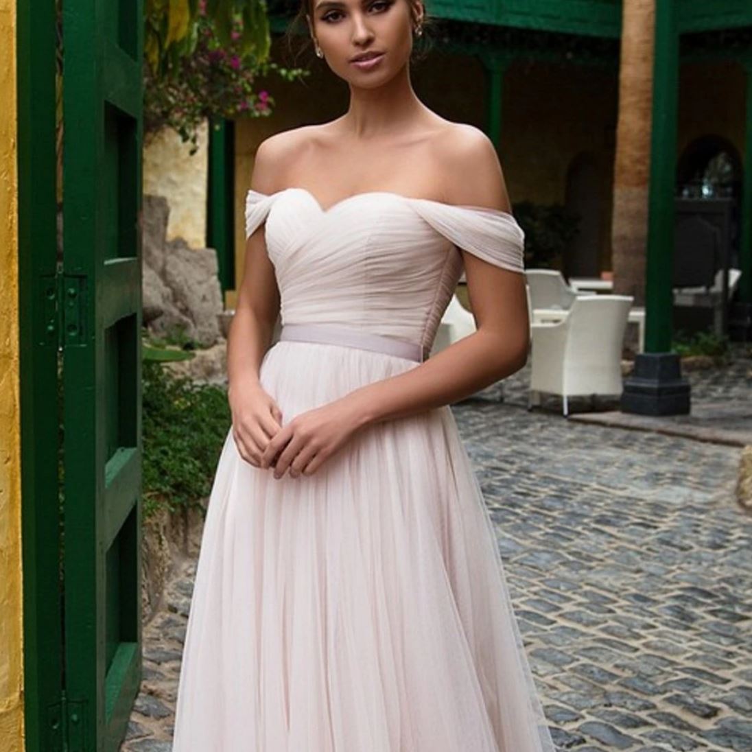 Off Shoulder Pink Tulle with Sleeves Lace Up Floor Length Wedding Dress Sexy Wedding Dresses BlissGown 