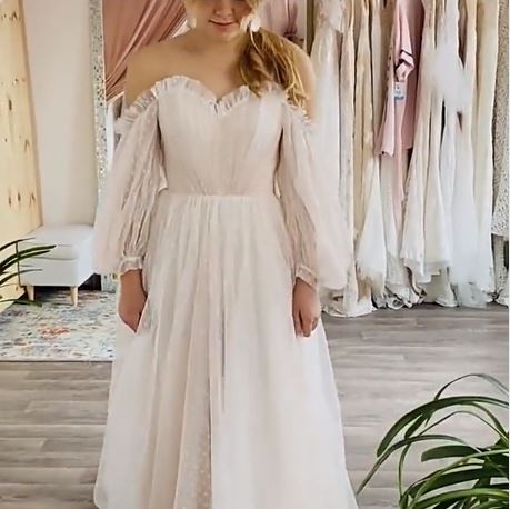 Off Shoulder Polka Dot Puff Sleeves Bridal Dress Boho Wedding Dresses BlissGown 