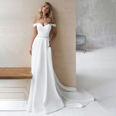 Off Shoulder Satin A-line With Beaded Belt Wedding Dress Classic Wedding Dresses BlissGown 