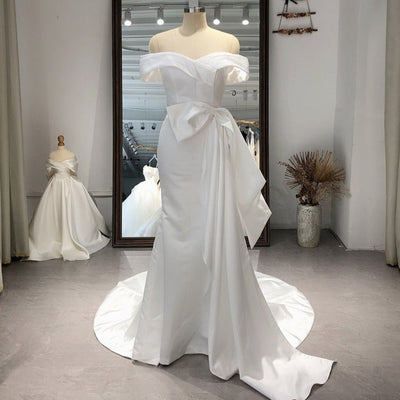 Off-shoulder Simple Elegant Bow White Mermaid Satin Wedding Dress