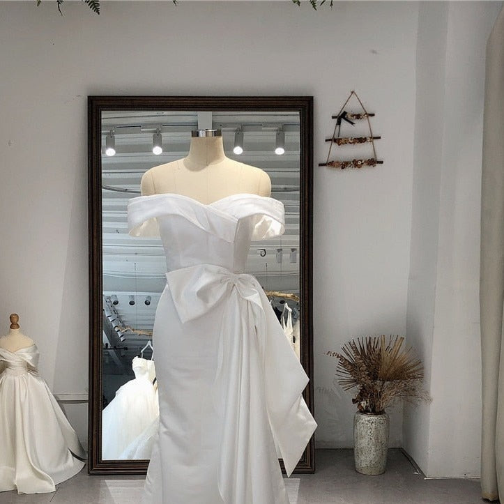 Off-shoulder Simple Elegant Bow White Mermaid Satin Wedding Dress Beach Wedding Dresses BlissGown 