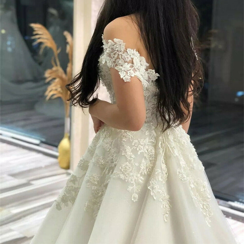 Off Shoulder Simple Glitter Custom Wedding Dress Romantic Wedding Dresses BlissGown 