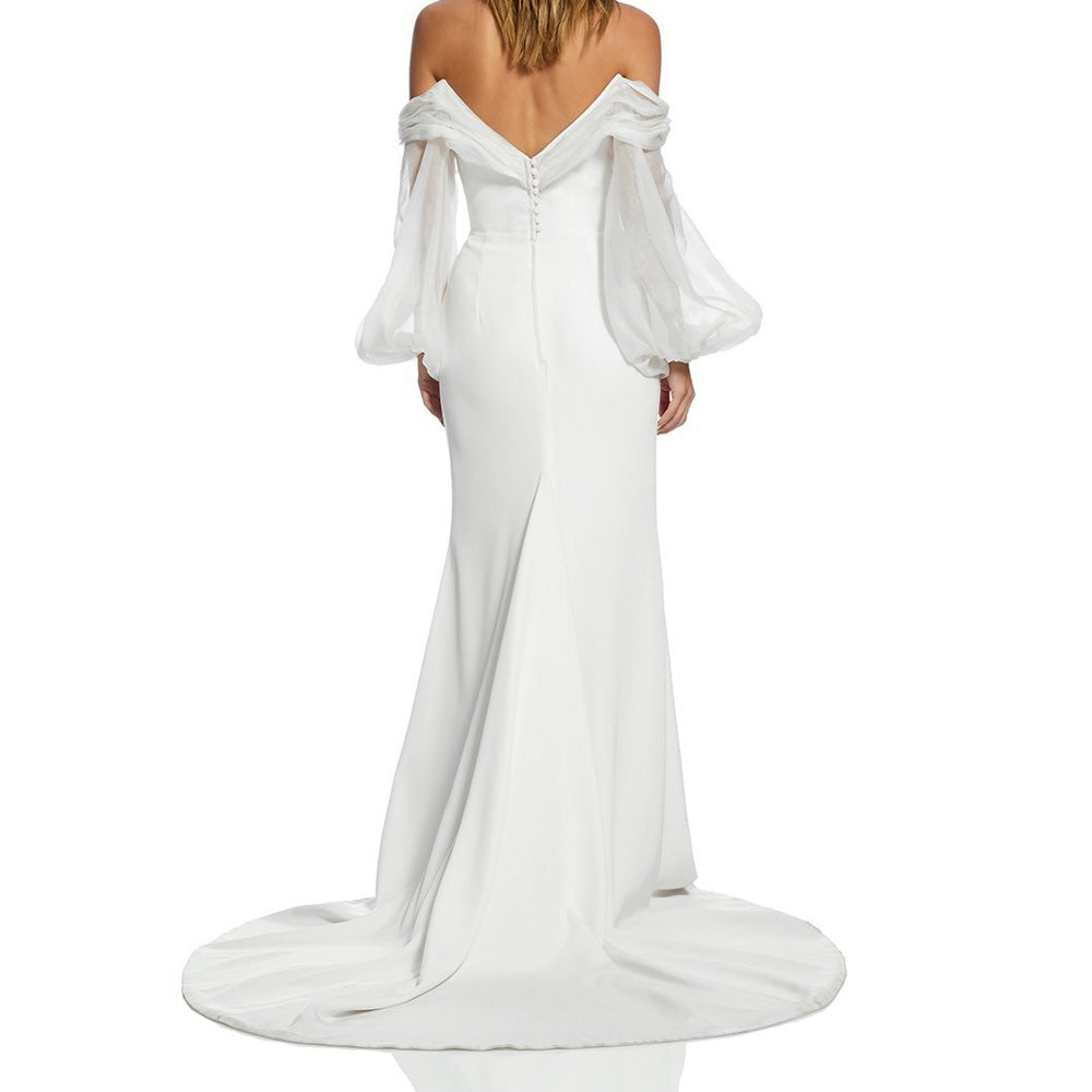 Off Shoulder Statement Sleeves Classic Crepe Elegance Bridal Gown Romantic Wedding Dresses BlissGown 