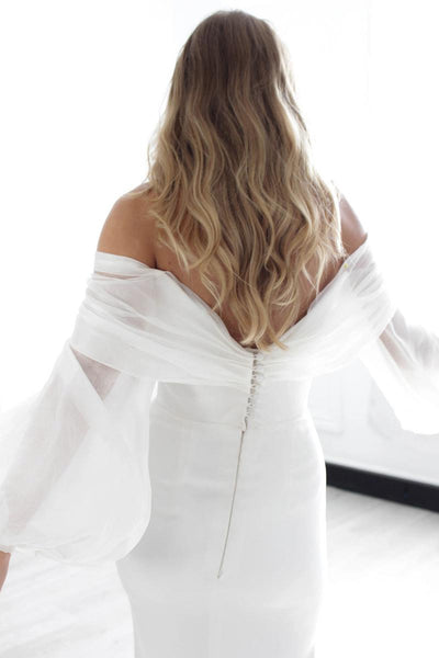 Off Shoulder Statement Sleeves Classic Crepe Elegance Bridal Gown Romantic Wedding Dresses BlissGown 