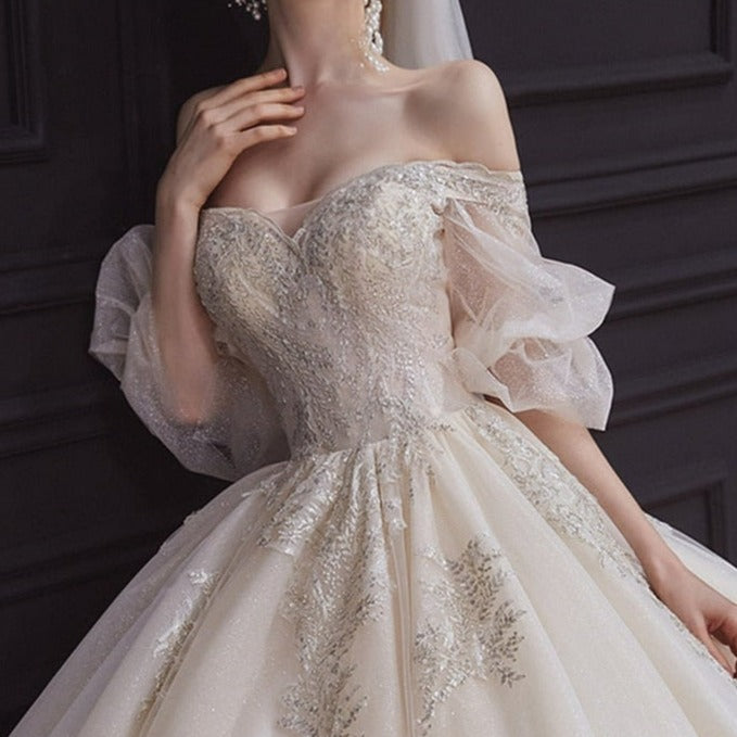 Off-Shoulder Sweetheart 3/4 Long Sleeve Plus Size Bridal Gown Classic Wedding Dresses BlissGown 
