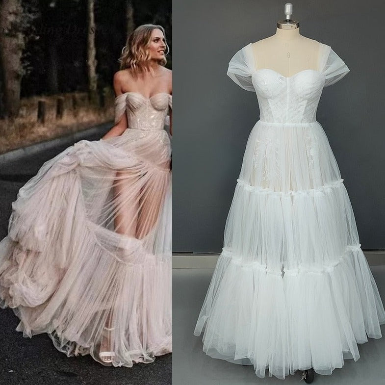 Off-Shoulder Sweetheart Open Corset Back A-Line Tulle Wedding Dress Classic Wedding Dresses BlissGown 