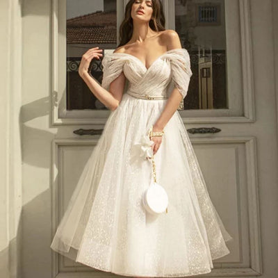 Off Shoulder Tea-Length Pleats Ivory Shiny Tulle Short Prom Dress Off Shoulder Prom Dresses BlissGown 