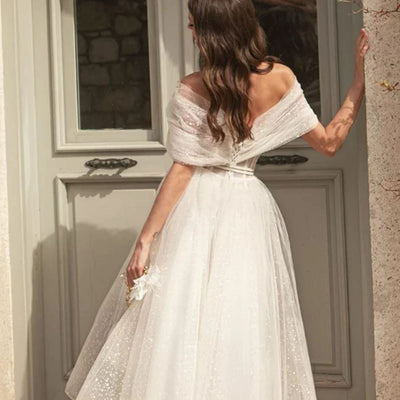 Off Shoulder Tea-Length Pleats Ivory Shiny Tulle Short Prom Dress Off Shoulder Prom Dresses BlissGown 