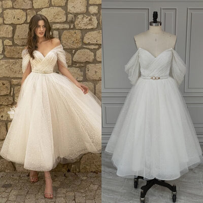 Off Shoulder Tea-Length Pleats Ivory Shiny Tulle Short Prom Dress Off Shoulder Prom Dresses BlissGown As Picture 2 