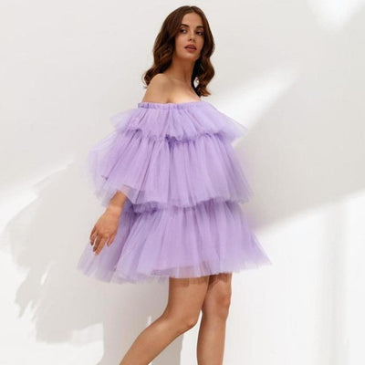 Off Shoulder Tulle Tiered Skirt Cocktail Short Prom Dress Off Shoulder Prom Dresses BlissGown 