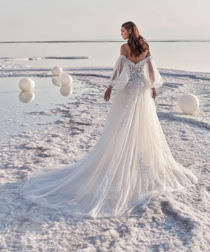 Off-the-Shoulder Floral Appliques A Line Silk Tulle Wedding Dress Beach Wedding Dresses BlissGown 