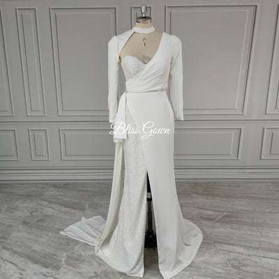 One-Shoulder Bling Glitter Long Side Slit Lace Bridal Gown Classic Wedding Dresses BlissGown 