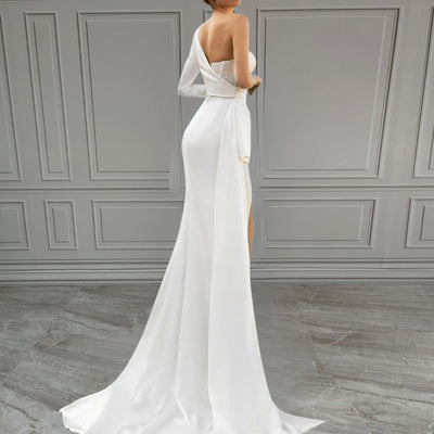 One-Shoulder Bling Glitter Long Side Slit Lace Bridal Gown Classic Wedding Dresses BlissGown 