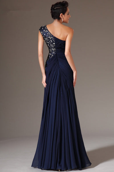 One-shoulder Chiffon Lace Beaded Crystals Navy Blue Prom Dress Beading Prom Dresses BlissGown 