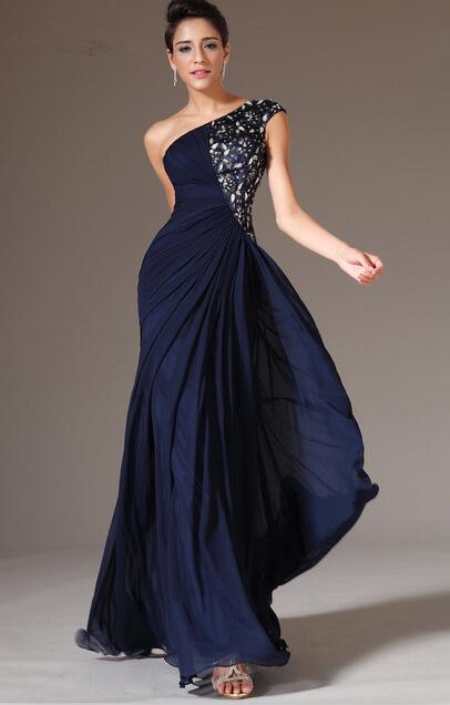 One-shoulder Chiffon Lace Beaded Crystals Navy Blue Prom Dress Beading Prom Dresses BlissGown As Photo 18 