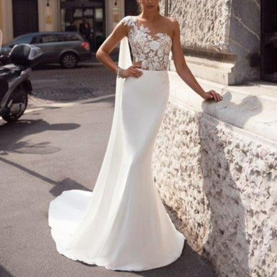 One Shoulder Illusion Lace Top with Wrap Mermaid Wedding Dresses Sexy Wedding Dresses BlissGown 