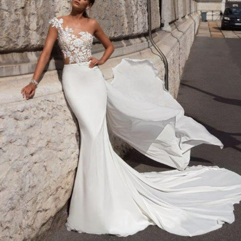 One Shoulder Illusion Lace Top with Wrap Mermaid Wedding Dresses ...