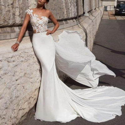 One Shoulder Illusion Lace Top with Wrap Mermaid Wedding Dresses Sexy Wedding Dresses BlissGown As picture 2 