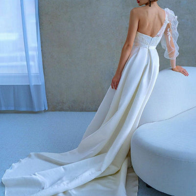 One Shoulder Lace Appliques Backless Satin High Split Bridal Gown Classic Wedding Dresses BlissGown 