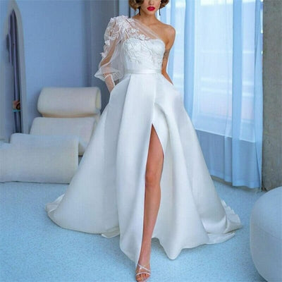One Shoulder Lace Appliques Backless Satin High Split Bridal Gown Classic Wedding Dresses BlissGown As Picture 2 