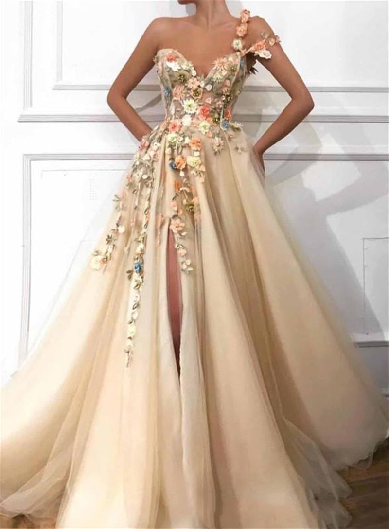 One Shoulder Long 3D Floral Lace Applique Beaded Formal Evening Dress Evening & Formal Dresses BlissGown 