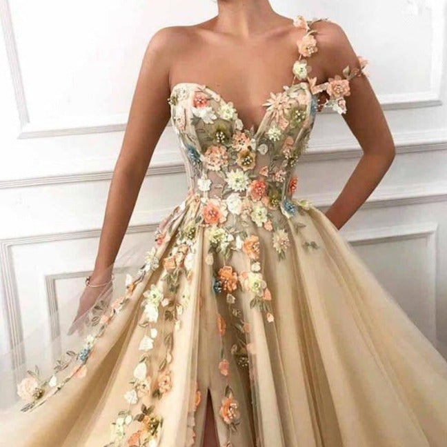 One Shoulder Long 3D Floral Lace Applique Beaded Formal Evening Dress Evening & Formal Dresses BlissGown 