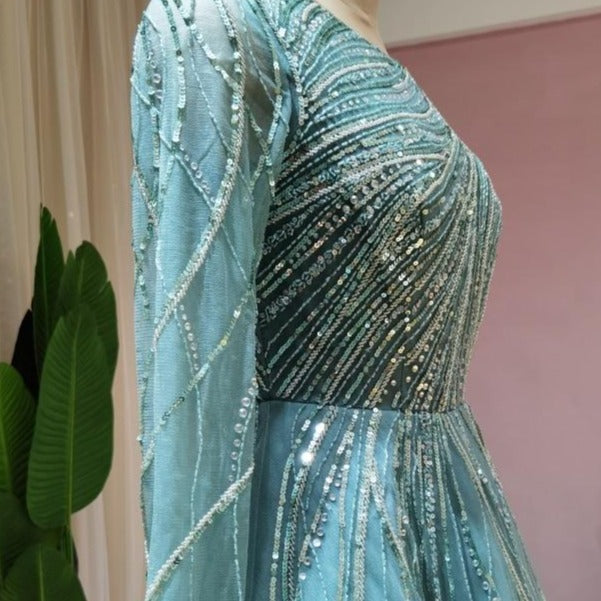 One Shoulder Luxury Blue Long Sleeve Muslim Prom Dress Sequin Prom Dresses BlissGown 