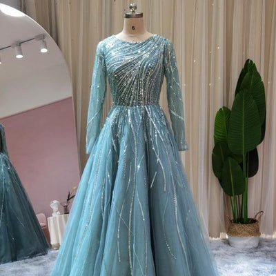 One Shoulder Luxury Blue Long Sleeve Muslim Prom Dress