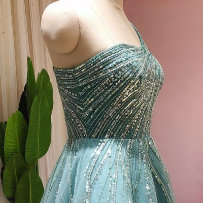 One Shoulder Luxury Blue Long Sleeve Muslim Prom Dress Sequin Prom Dresses BlissGown 