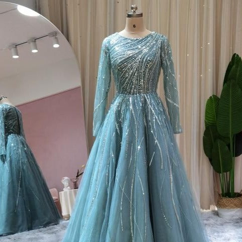 One Shoulder Luxury Blue Long Sleeve Muslim Prom Dress Sequin Prom Dresses BlissGown Muslim Long 16 China