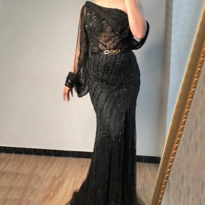 One Shoulder Sexy Rhinestones Beading Crystal Sparkle Gown Evening & Formal Dresses BlissGown black 2 