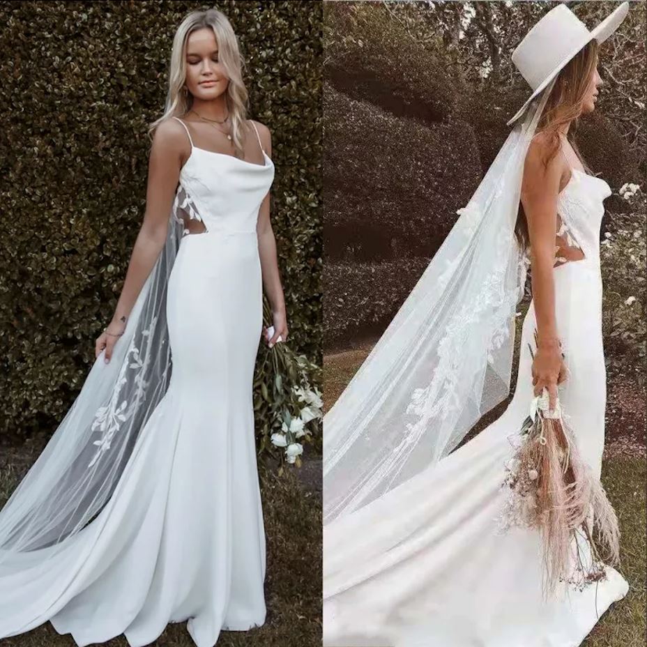 Open Back 3D leaf Lace Sexy Spaghetti Straps Mermaid Wedding Dress Classic Wedding Dresses BlissGown 