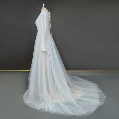 Open Back Deep Lace Applique Tulle Sweep Train Wedding Dress Classic Wedding Dresses BlissGown 
