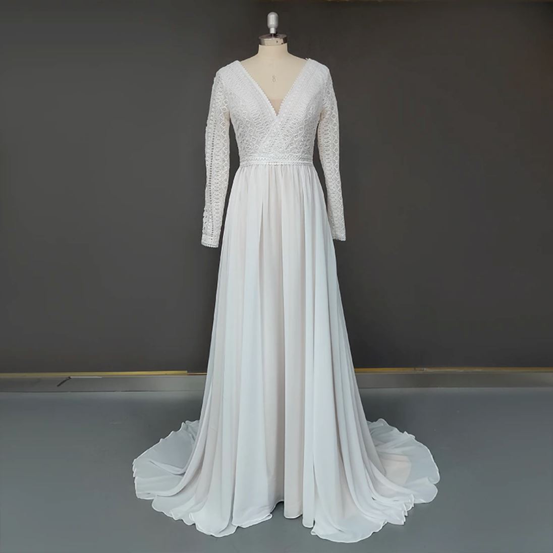 Open Back Deep Lace Applique Tulle Sweep Train Wedding Dress Classic Wedding Dresses BlissGown 