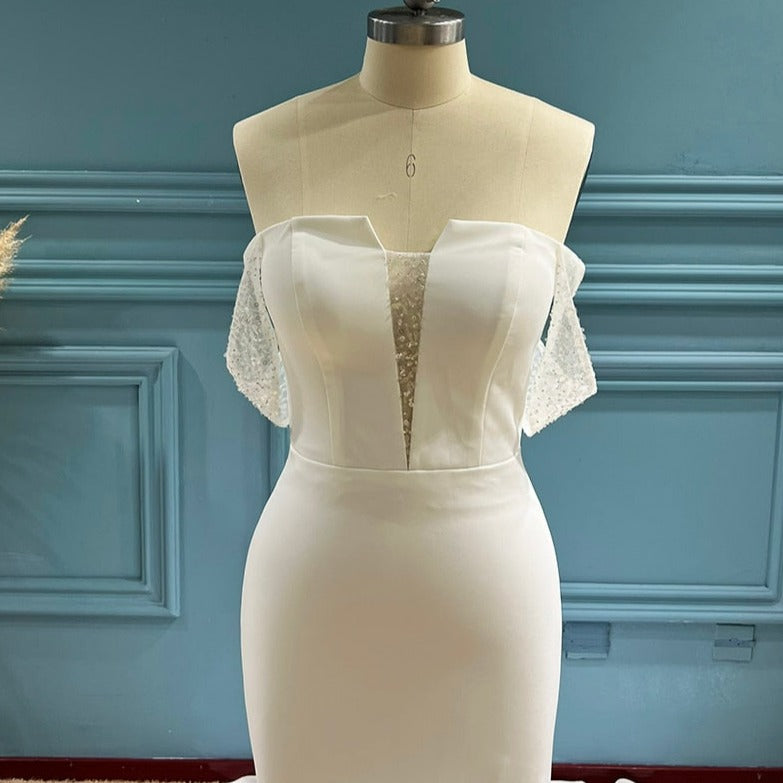Pearls Beading Off Shoulder Sleeves Crepe Mermaid Wedding Dress Beach Wedding Dresses BlissGown 