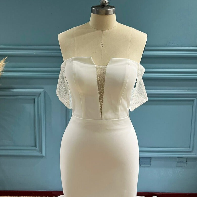 Pearls Beading Off Shoulder Sleeves Crepe Mermaid Wedding Dress Beach Wedding Dresses BlissGown 