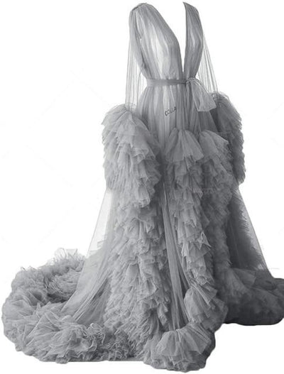 Perspective Sheer Long Tulle Robe Puffy Maternity Dress Wedding Accessories BlissGown Gray XL 