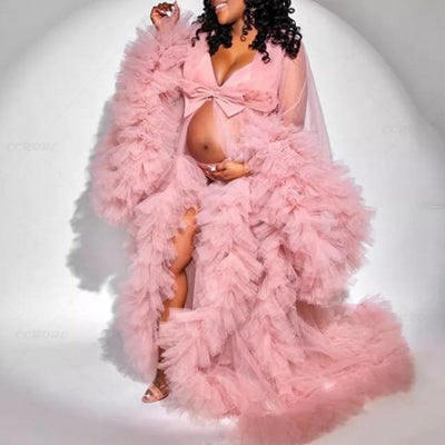 Perspective Sheer Long Tulle Robe Puffy Maternity Dress Wedding Accessories BlissGown Pink 2 4XL 
