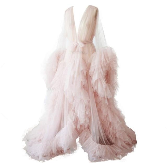 Perspective Sheer Long Tulle Robe Puffy Maternity Dress Wedding Accessories BlissGown Pink XXXL 