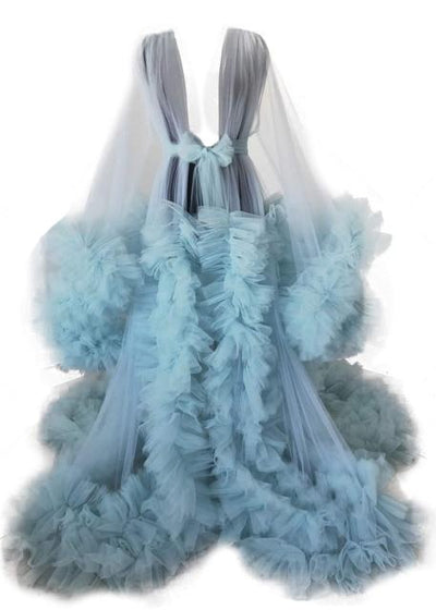 Perspective Sheer Long Tulle Robe Puffy Maternity Dress Wedding Accessories BlissGown Sky Blue 4XL 