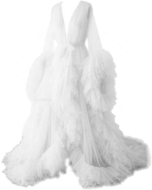Perspective Sheer Long Tulle Robe Puffy Maternity Dress Wedding Accessories BlissGown White XXXL 