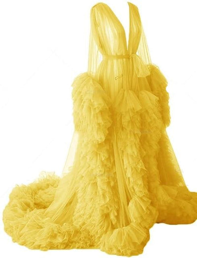 Perspective Sheer Long Tulle Robe Puffy Maternity Dress Wedding Accessories BlissGown Yellow 4XL 