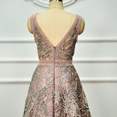 Pink A-Line Deep V-Neck Lace Crystals Long Evening Dress Evening & Formal Dresses BlissGown 