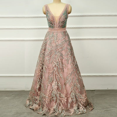 Pink A-Line Deep V-Neck Lace Crystals Long Evening Dress