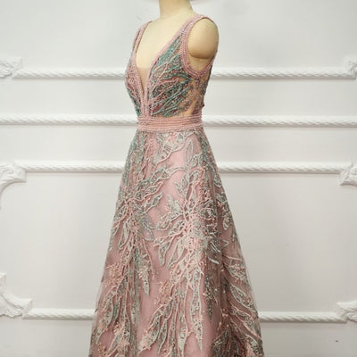 Pink A-Line Deep V-Neck Lace Crystals Long Evening Dress Evening & Formal Dresses BlissGown 